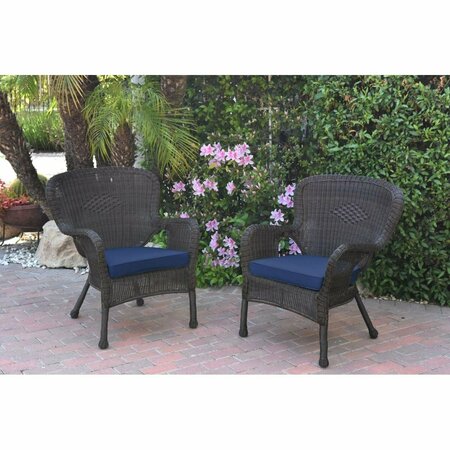 JECO W00215-C-2-FS011 Windsor Espresso Resin Wicker Chair with Blue Cushion, 2PK W00215-C_2-FS011